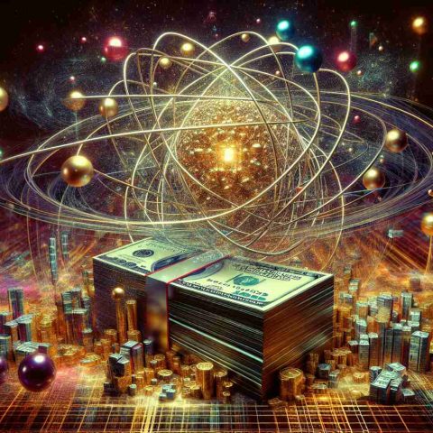 A high-definition, digital artwork capturing a large scale financial investment in quantum technology advancement. The image includes the visualization of quantum particles—atoms, protons, neutrons, and electrons—surrounding an abstract representation of a big pile of cash or gold. It should convey a sense of excitement and potential innovation, intimating that such a massive investment could drastically alter the landscape of technology in the future.