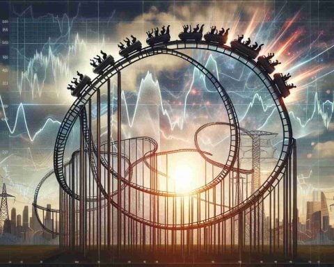 Generate a realistic high-definition image that represents the metaphor of an energy company's fluctuating stock market performance represented as a rollercoaster ride. The rollercoaster should feature sharp dives and climbs, tight turns, and loops, symbolizing the volatility and unpredictability of the stock market. The backdrop should be filled with other rollercoasters, representing other companies' market performances, set against a dynamic sky which reflects the overall market mood. Include stock market related elements such as graphs and charts artfully incorporated into the scene.