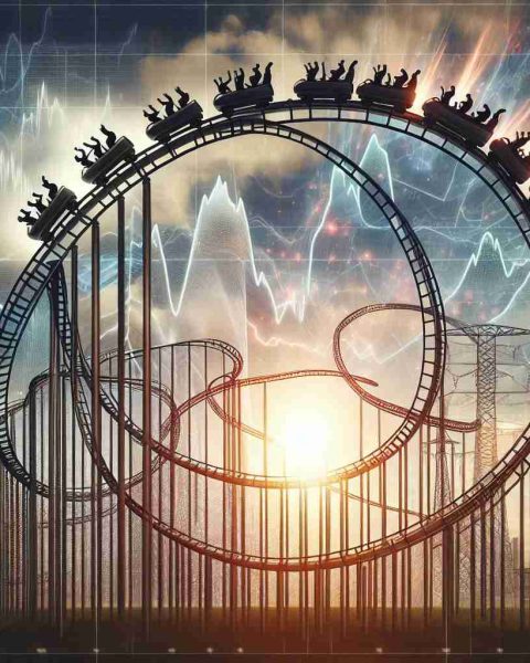 Generate a realistic high-definition image that represents the metaphor of an energy company's fluctuating stock market performance represented as a rollercoaster ride. The rollercoaster should feature sharp dives and climbs, tight turns, and loops, symbolizing the volatility and unpredictability of the stock market. The backdrop should be filled with other rollercoasters, representing other companies' market performances, set against a dynamic sky which reflects the overall market mood. Include stock market related elements such as graphs and charts artfully incorporated into the scene.