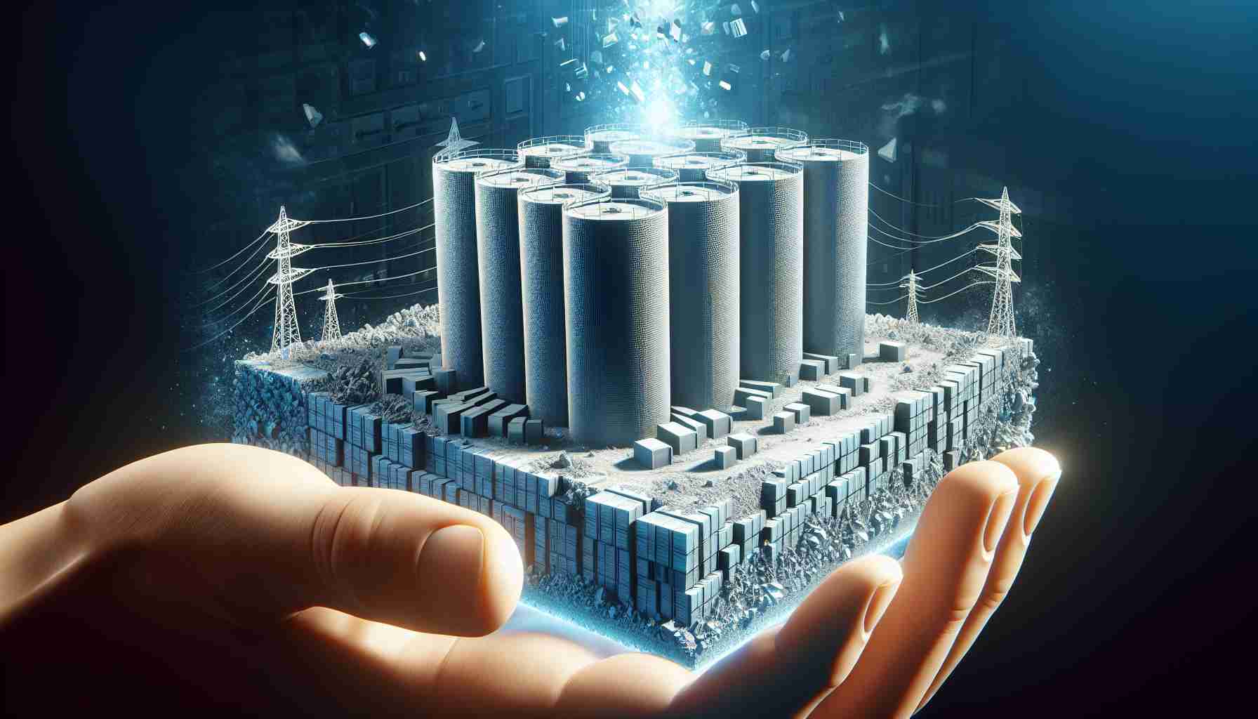 A detailed, high-definition image representing an unforeseen, surprising development in the energy industry. Display a large energy storage facility symbolizing Energy Vault, with towering, concrete blocks arranged in novel ways. Showcase the elements of shock like bright, sudden light flashes or dramatic color contrasts to emphasize the unexpected nature of the technological advancement.