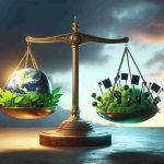 A high-definition, realistic image illustrating the concept of political shifts threatening the progress of renewable energy sources. Visualize a teetering scale with one side holding green plants symbolizing renewable energy and the other side with symbols of political unrest such as picket signs and fists. The scale is perched precariously on a highlighted globe emphasizing the global nature of the issue. The background is a fading sky from dawn breaking (symbolizing hope and progress) to a dark stormy sky (implying threat).