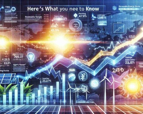 Generate an ultra high-definition, realistic image illustrating the concept of 'Renewable Energy Stocks Surge'. A stock market graph showing an upward trend stands prominently at the foreground. This is overlaid with icons of renewable energy sources like solar panels, wind turbines, and hydro power systems, that are shining brightly, indicating a surge in their value. The background has a headline written 'Here's What You Need to Know' in bold, attention-grabbing font.