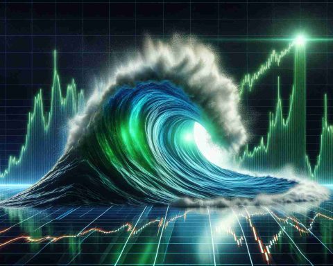 A high-definition, realistic image representing the metaphorical 'unstopping' success of a large AI company, symbolically depicted as a massive green-tinted tidal wave dramatically surging forward over a stock market graph, which signifies a surge in the company's stock.