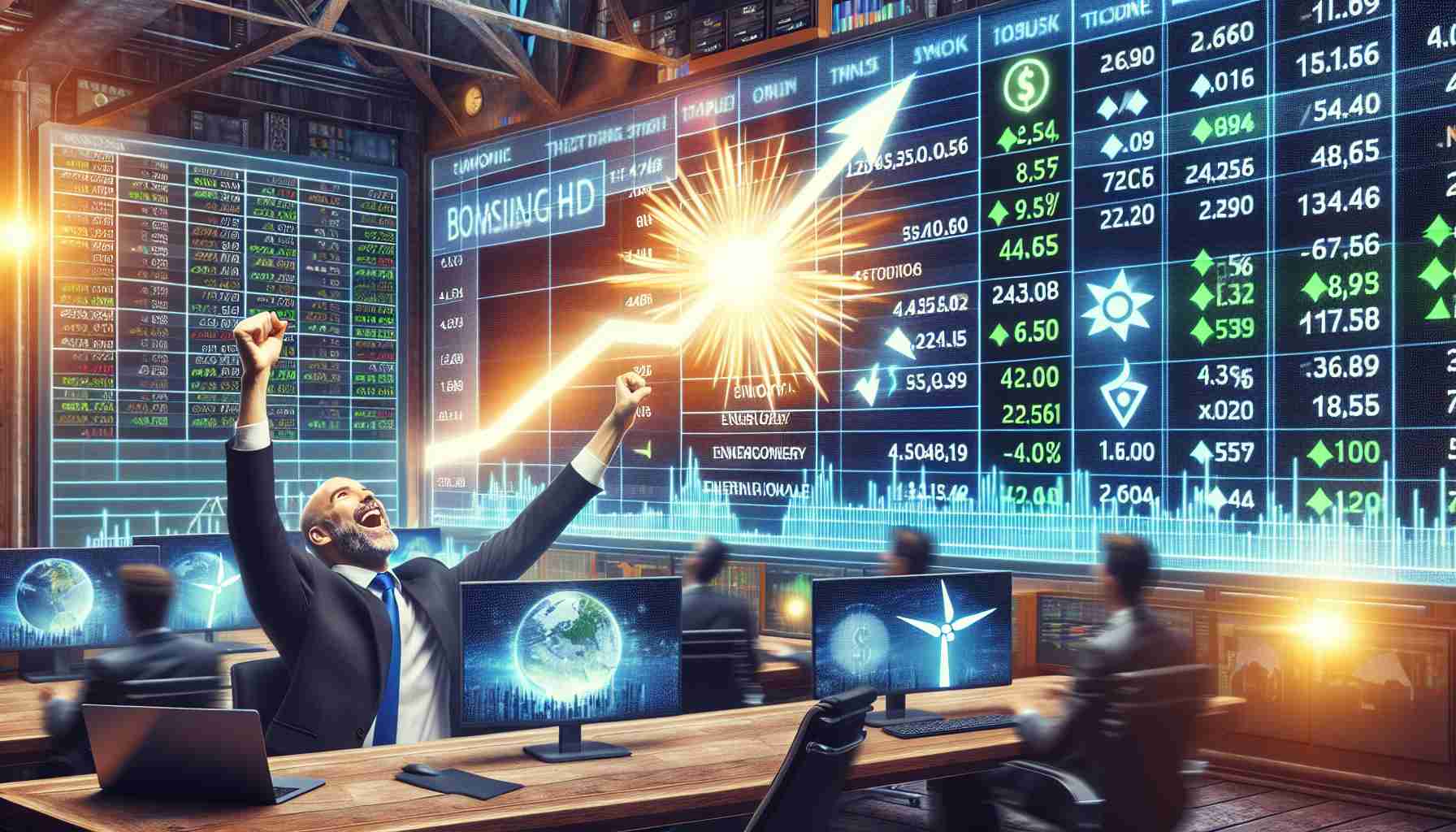 A realistic HD display of a booming stock market with major emphasis on the energy sector. Show a significant surge in value on electronic stock market ticker boards, particularly highlighting symbols related to renewable energy companies. The scene may also include enthusiastic traders reacting positively to this lift.