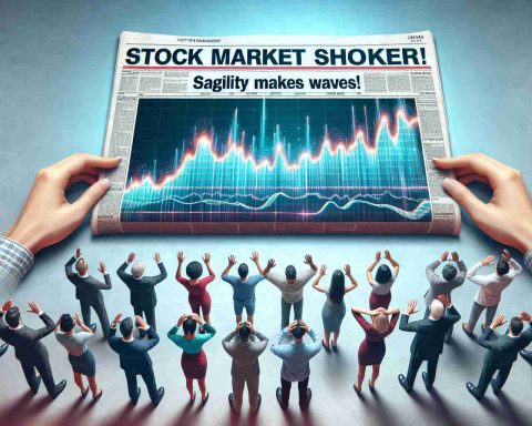 Create a hyperrealistic, high-definition image portraying the dramatic event of a stock market surprise! More specifically, the company Sagility is causing a stir. Picture a newspaper headline that reads 'Stock Market Shocker! Sagility Makes Waves', then imagine a graph below this headline showing a sudden, unexpected surge in Sagility's stock. Around this, visualize individuals of various gender and demographics appearing stunned and amazed.