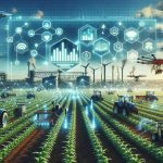 Create a high-definition, realistic image depicting the transformation of agriculture through the lens of big data. Visualize a modern farm filled with high-tech farming equipment like drones, automated tractors, etc. These devices should be connected and transferring information to a centralized system symbolizing big data. Also, integrate fields flourishing with crops and a screen displaying data analytics indicating the farm's production efficiency and crop health.