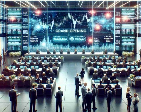 A high-definition, realistic depiction of a grand opening event taking place at a contemporary stock exchange center. The ambiance is filled with excitement and anticipation. There are diverse groups of people engaged in financial discussions, looking at large digital screens displaying complex financial data. Multiple signals and signs are flashing on the screens, indicating the exciting event of a new company’s debut. Overall, the scene symbolises a bustling global financial centre signifying economic growth and technological advancement.