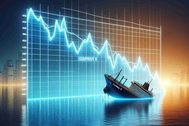 Generate a realistic high-definition image of a stock market graph that is sharply declining, symbolizing a 'sinking ship'. On the graph, label a stock as 'Company X'. The image should represent a metaphoric scenario of a sinking ship, elucidating the downfall of a certain company's stock.