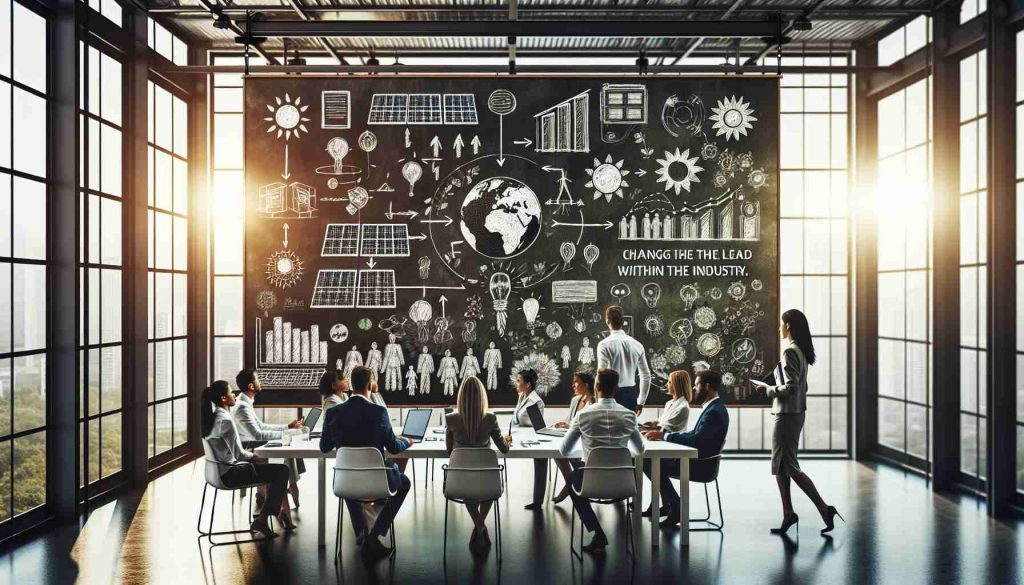 A high-definition, realistic image depicting the progress of a generic solar energy company taking the lead within the renewable energy sector. Detail a well-lit office scene where a diverse team of professionals, in terms of gender and descent, are brainstorming strategies on a whiteboard. Eco-friendly technologies like solar panels and batteries are visible. The image should convey communication, leadership, and innovation — essential ingredients to changing the game within an industry.