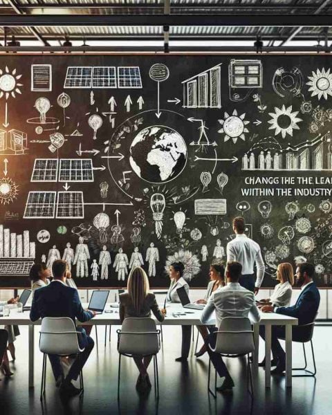 A high-definition, realistic image depicting the progress of a generic solar energy company taking the lead within the renewable energy sector. Detail a well-lit office scene where a diverse team of professionals, in terms of gender and descent, are brainstorming strategies on a whiteboard. Eco-friendly technologies like solar panels and batteries are visible. The image should convey communication, leadership, and innovation — essential ingredients to changing the game within an industry.