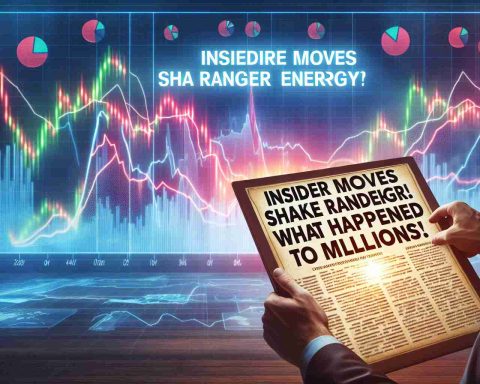 Create a realistic HD image of a news headline displaying 'Insider Moves Shake Ranger Energy! What Happened to Millions?' with a turbulent energy market in the background, depicted as fluctuating line graphs and pie charts.