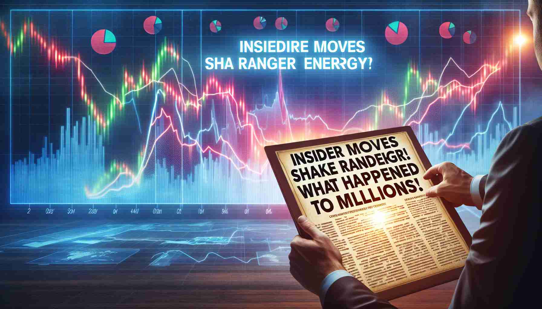 Create a realistic HD image of a news headline displaying 'Insider Moves Shake Ranger Energy! What Happened to Millions?' with a turbulent energy market in the background, depicted as fluctuating line graphs and pie charts.