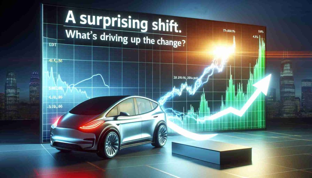 A realistic high definition visualization of the fluctuation in the stock market. The main focus should be a representation of a fictional electric car company's stock on a dramatic rise, accompanied by an element of surprise. To contextualize the change, consider depicting symbolic elements such as an electric car or a lightning bolt. Include a headline that reads 'A Surprising Shift. What's Driving the Change?'