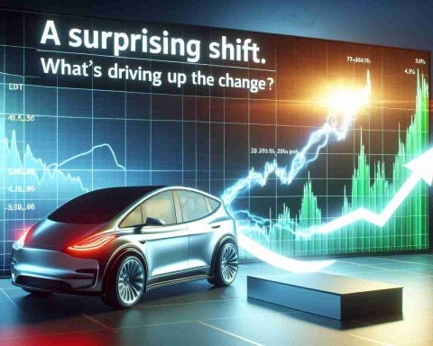 A realistic high definition visualization of the fluctuation in the stock market. The main focus should be a representation of a fictional electric car company's stock on a dramatic rise, accompanied by an element of surprise. To contextualize the change, consider depicting symbolic elements such as an electric car or a lightning bolt. Include a headline that reads 'A Surprising Shift. What's Driving the Change?'