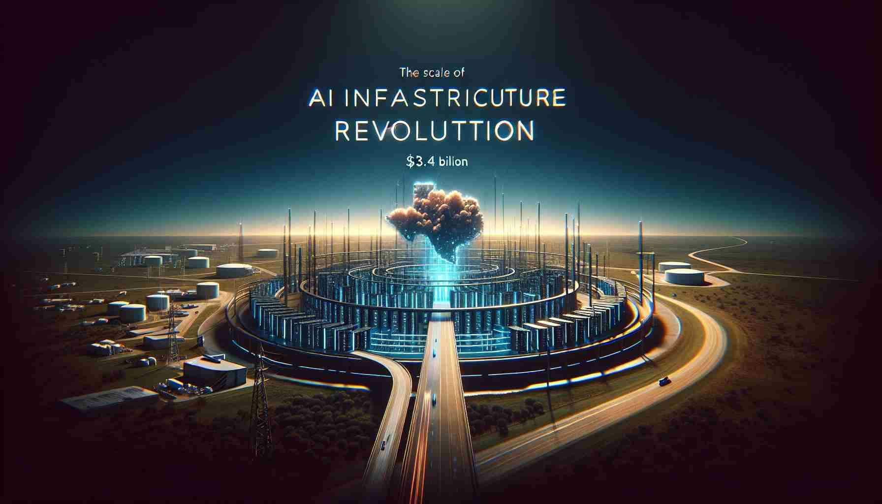 An image illustrating the concept of AI Infrastructure revolution. Emphasize the large scale of the investment, represented by the figure of $3.4 billion. Display a setting that would be indicative of Texas, such as oil fields or vast landscapes, intertwined with modern data centers symbolizing advanced technology. The overall tone should convey boldness and groundbreaking change. The visual quality should be high, resembling a realistic HD photo.