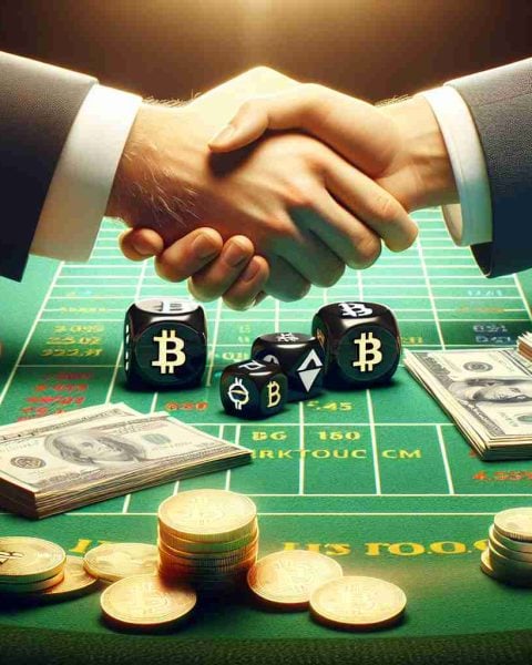 A realistic, high-definition image of a metaphorical scene representing big financial bets in the cryptocurrency sector. This scene could include a symbolic representation of financial leaders or traders, such as hands shaking a pair of dice with cryptocurrency symbols, placed on a green felt table imitating a gambling table. Include stacks of gold and silver coins to represent the vast amounts of money being invested and exchanged. Please note, no specific individuals or identities should be depicted, just symbolic representation of the action of large-scale cryptocurrency trading.