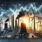 Visual representation of Dominion Energy's transition to renewables and its potential impact on future energy markets. This could be shown through symbolic elements such as a dark, fossil fuel-powered plant being overshadowed by bright, modern windmills and solar panels. The foreground should represent the old energy generation and the background should represent the new, renewable energy power sources. In between, you can depict the fluctuating stock market charts to symbolize the financial influence of this switch in energy generation. Remember, this should be HD and realistic.