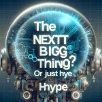 Generate a realistic HD photograph of a conceptual representation of artificial intelligence, imagined as futuristic technology. Overlaid on the image are the text phrases 'The Next Big Thing?' and 'Or Just Hype?' in bold, eye-catching typography.