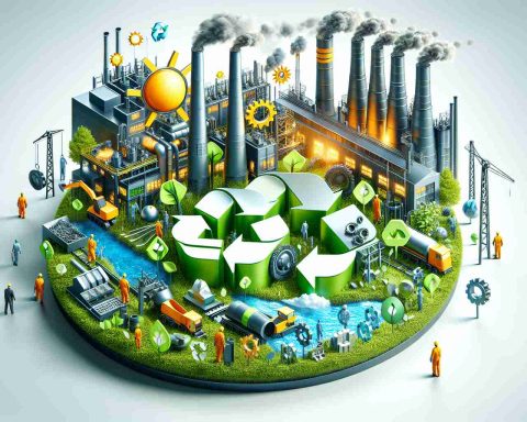 Render a high-definition, realistic image that represents the concept of a 'Bold Green Move' by IMFA, possibly a metallurgical company. Illustrate this with emblems of industry such as factories, machinery, or workers, coupled with strong elements of environmentalism like eco-friendly technologies, recycling symbols, or thriving nature. Indicate through visual cues that this move could establish new industry standards.