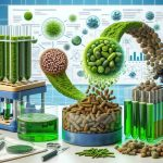 A detailed, high-definition rendering of a revolutionary algae technology process. This includes vibrant, green algae in a laboratory setup, intermixed with scientific equipment like microscopes and petri dishes. The scene shows the transformation of organic waste materials into dynamic aquafeed. To visualize the transformation, depict the waste gradually turning into a pellet-like substance, with the color shifting from brown to green. This process indicates the bioconversion occurring through algae. Feel free to incorporate text, diagrams and symbols relevant to the scientific procedure.