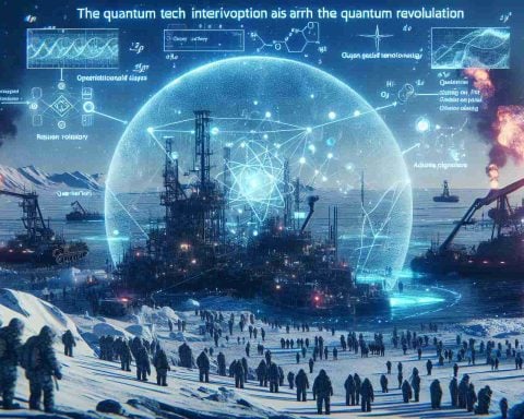 Generate a realistic high-definition image of a tense situation in the Arctic region featuring futuristic technology. Imagine a scenario where a potential crisis is developing due to territorial claims, resource extraction, or environmental issues. Amidst the intense polar conditions, quantum-based technology is being utilized for innovative problem-solving. This technological revolution is represented by advanced machinery and possibly some cryptic floating holograms of data and equations. Note: There should be visible signs of escalating tension, such as hurried personnel or imposing military vehicles, but still convey a hopeful outlook due to the quantum tech intervention.