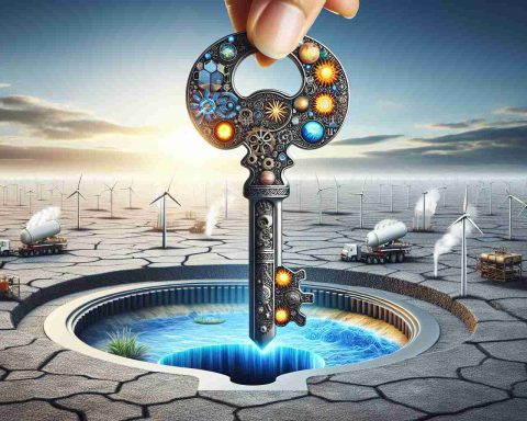 Create a realistic high-definition image that visually represents the concept of 'Unlocking Future Potential'. It should predominantly feature a large, symbolic key, intricately designed with energy motifs like sun rays, wind turbines, and natural gas flames, being inserted into a ground lock. The ground underneath should be rendered semi-transparent, giving a glimpse of latent resources like oil and gas reservoirs, geothermal heat sources, and potential wind and sun spots. The intent is to metaphorically portray the exploration and extraction of energy resources.