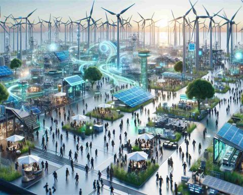 Realistic HD image of futuristic renewable energy markets, representing the transformation in green investments. This could visualize a bustling market with diverse traders deeply engaged in deals and conversations, all in a technologically advanced setting where renewable energy devices like wind turbines, solar panels, and other green technology instruments are prominently featured.