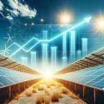 Generate a high-definition, realistic image displaying a metaphorical representation of stock market surge for an unnamed solar energy company, symbolized by a chart with a rising line against a backdrop of solar panels in a bright daylight setting. The sky above is clear and sunny, symbolizing a new era for investments in the solar industry.