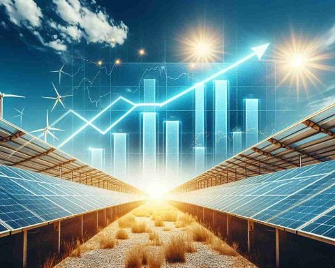 Generate a high-definition, realistic image displaying a metaphorical representation of stock market surge for an unnamed solar energy company, symbolized by a chart with a rising line against a backdrop of solar panels in a bright daylight setting. The sky above is clear and sunny, symbolizing a new era for investments in the solar industry.