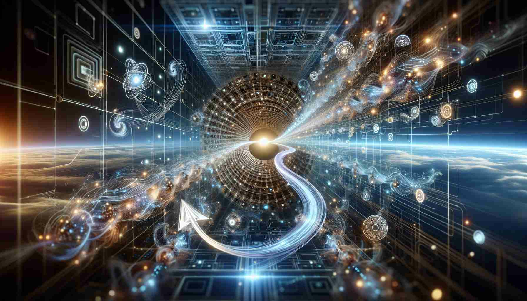 Create a high-definition and realistic image displaying the frontier of Artificial Intelligence in relation to Quantum Computing. Include symbolic representations such as quantum circuits, deep learning models, neural networks, or other related computational sciences elements. To portray the future direction or the 'leap ahead', consider abstract concepts like arrow symbols, digital infinity loops, or pathways of light plunging into a virtual reality grid. Please avoid any specific branding or logos.