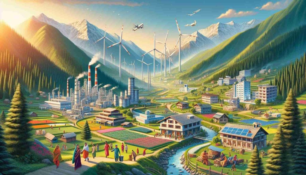 A high-definition illustration of bustling industries nestled in the picturesque terrain of Himachal. The serene landscapes bear a speckle of modern construction - factories, windmills, and solar farms. The sunlight highlights the new green initiatives, eco-friendly buildings going hand-in-hand with the greenery. There are locals happily engaged in various labor activities, displaying a vivid ethnic mix of South Asian, Hispanic, and Caucasian descent. Subtle banners are visible, announcing the unveiling of new green initiatives. Mountains in the backdrop, a stream coursing through the terrain adds to the charm.