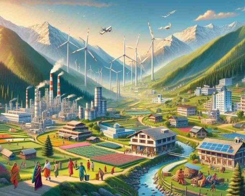 A high-definition illustration of bustling industries nestled in the picturesque terrain of Himachal. The serene landscapes bear a speckle of modern construction - factories, windmills, and solar farms. The sunlight highlights the new green initiatives, eco-friendly buildings going hand-in-hand with the greenery. There are locals happily engaged in various labor activities, displaying a vivid ethnic mix of South Asian, Hispanic, and Caucasian descent. Subtle banners are visible, announcing the unveiling of new green initiatives. Mountains in the backdrop, a stream coursing through the terrain adds to the charm.