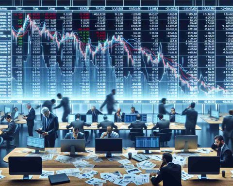 Generate a HD quality photorealistic image that represents the concept of Market Turmoil: Major indexes are in a slide and technology industry is hit hard. The scene may show a graph or board displaying plummeting stocks, particularly in the technology sector. Busy and concerned brokers can be seen in the background, their desks cluttered with reports, papers and computers. For diversity, make sure brokers are a mix of men and women and represent different descents such as Caucasian, Black, Hispanic, Middle-Eastern, and South Asian.