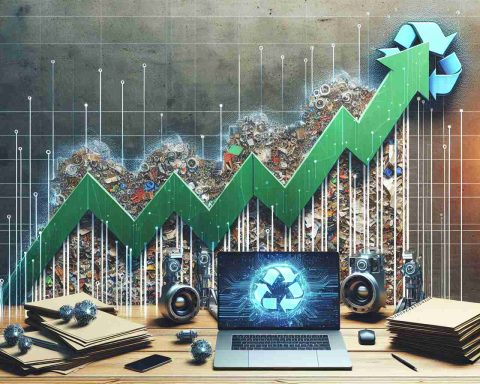 Generate a realistic, high-definition image depicting the graphical representation of a company, named 'Redwood Materials', rising dominance in the field of sustainable technology. The picture should portray a graph with an upward trajectory symbolizing the growth and success of the company, set against a backdrop of recycling materials symbolizing the company's focus on sustainability. Elements of technology like computers or robotics can be included to signify the tech aspect.