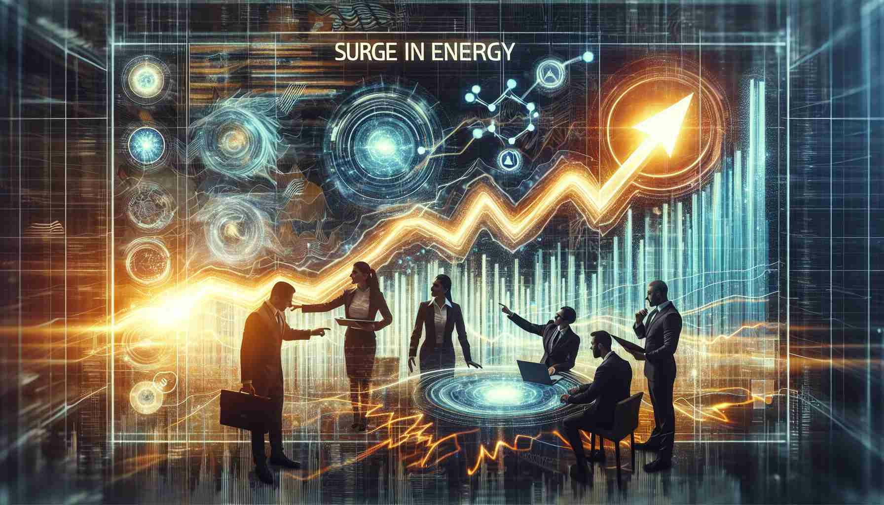An image displaying a surge in energy related to Devon Energy company. This surge is represented graphically in a detailed chart or infographic that indicates a positive trend upward. Alongside this, an abstract representation of analysts are huddled around the chart, deep in discussions, pointing out significant data points and breakthrough insights. They are professionally dressed, embodying the spirit of financial analysts, with one being a Hispanic female and the other a South Asian male. Please note that this is an artistic and symbolic representation and not an actual photograph.