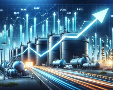 Create a realistic, high-definition image representing the concept of a 'Game-Changer' in the liquefied natural gas (LNG) market. In this scene, consider visually representing the market growth and surge in stock prices, perhaps by showing an upward trending graph or chart and symbols related to the energy sector, such as pipelines, tanks, and ships. Please avoid specific company logos or branding.