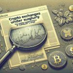 Detailed illustration of an article headline reading 'Crypto Exchanges Under Scrutiny: The Hidden Implications of Coinbase's Surge', depicted on a subtly textured background. This should also feature a few key motifs from cryptocurrency - such as physical coins engraved with Bitcoin, Ethereum, and Litecoin symbols, as well as a conceptual representation of blockchain transactions. Infuse the whole scene with a sense of scrutiny and caution; for example, you can include a large, magnifying glass hovering over the coins and blockchain, symbolizing the 'scrutiny' part of the headline.