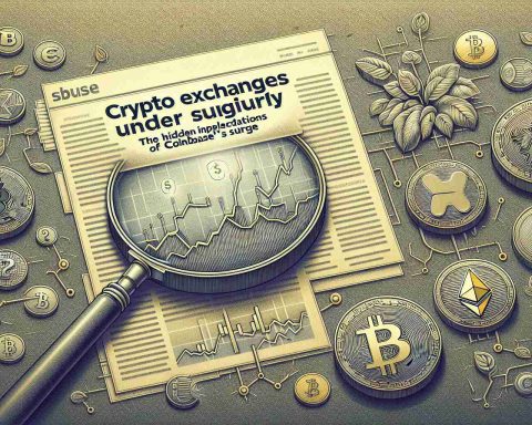 Detailed illustration of an article headline reading 'Crypto Exchanges Under Scrutiny: The Hidden Implications of Coinbase's Surge', depicted on a subtly textured background. This should also feature a few key motifs from cryptocurrency - such as physical coins engraved with Bitcoin, Ethereum, and Litecoin symbols, as well as a conceptual representation of blockchain transactions. Infuse the whole scene with a sense of scrutiny and caution; for example, you can include a large, magnifying glass hovering over the coins and blockchain, symbolizing the 'scrutiny' part of the headline.