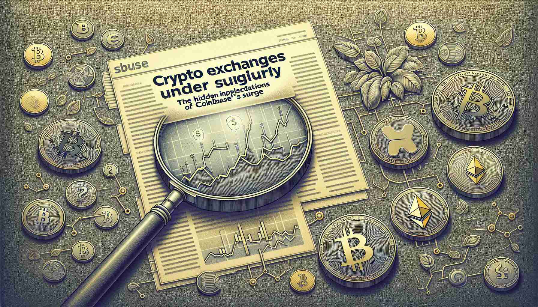 Detailed illustration of an article headline reading 'Crypto Exchanges Under Scrutiny: The Hidden Implications of Coinbase's Surge', depicted on a subtly textured background. This should also feature a few key motifs from cryptocurrency - such as physical coins engraved with Bitcoin, Ethereum, and Litecoin symbols, as well as a conceptual representation of blockchain transactions. Infuse the whole scene with a sense of scrutiny and caution; for example, you can include a large, magnifying glass hovering over the coins and blockchain, symbolizing the 'scrutiny' part of the headline.