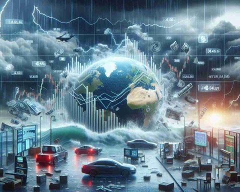 Create a realistic high-definition image symbolizing the concept of a micro stock market facing turbulence due to fears of being delisted. The scene could include elements related to stock market such as graphs showing a falling trend, stock certificates, and trading floor chaos. Also, include visual metaphors for 'fear' and 'turbulence,' such as stormy skies, waves or a rough sea.