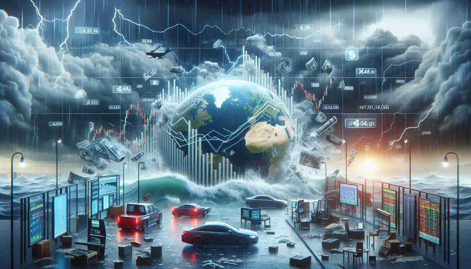 Create a realistic high-definition image symbolizing the concept of a micro stock market facing turbulence due to fears of being delisted. The scene could include elements related to stock market such as graphs showing a falling trend, stock certificates, and trading floor chaos. Also, include visual metaphors for 'fear' and 'turbulence,' such as stormy skies, waves or a rough sea.