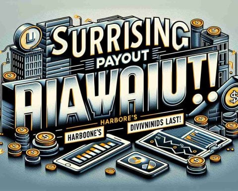 Create a realistic HD graphic image which includes the text 'Surprising Payout Awaits! Will HarborOne’s Dividends Last?' The text should be bold and striking. The background can include symbols related to finance and banking such as coin stacks, graphs or bank buildings.