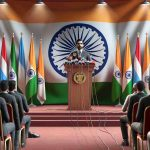 Realistic HD image of a surprising political maneuver where India becomes the focal point. Portray a politician conveying a significant decision at a press conference without focusing on any specific individual. The stage should be adorned with international flags, symbolizing global cooperation.