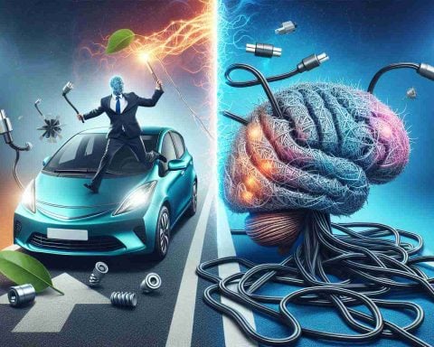 Create a realistic HD image symbolizing the thrill and challenges of technological entrepreneurship. This image should include the juxtaposition of a successful electric vehicle venture (depicted as a shining sleek electric car) alongside a brain-themed venture encountering obstacles (symbolized by a brain entangled in thorny wires). Please do not feature any identifiable individuals.