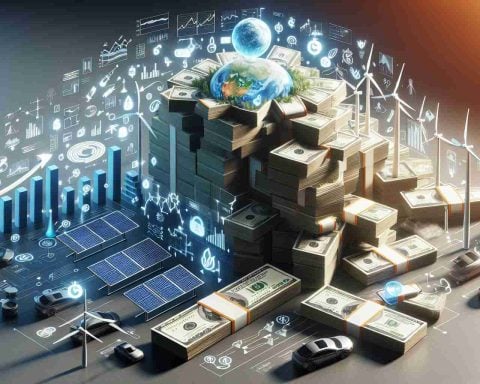 A high definition realistic image represents a huge cash flow. Piles of currency bills are visible, representing a significant investment in clean energy transformation. The scene shows symbols of renewable energy sources such as solar panels, wind turbines, and electric cars. There are also diagrams and charts showing the growth of this sector, suggesting that companies or entities within this sector are about to witness a substantial boost.