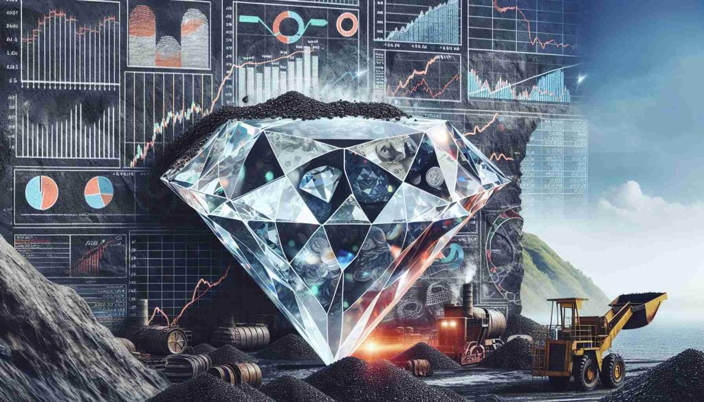 Generate a realistic, high definition image representing the concept of 'The Hidden Truth: Coal India's Share Potential'. The image could utilize symbols of coal mining, balance sheets, stock market ticker tapes, and line graphs to represent shared potential. The idea could be visualized as a large, uncut diamond (representing undeveloped potential) hidden in a coal mine. Background can include elements of India, such as national symbols or landscapes, subtly hinting at the location.