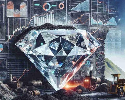 Generate a realistic, high definition image representing the concept of 'The Hidden Truth: Coal India's Share Potential'. The image could utilize symbols of coal mining, balance sheets, stock market ticker tapes, and line graphs to represent shared potential. The idea could be visualized as a large, uncut diamond (representing undeveloped potential) hidden in a coal mine. Background can include elements of India, such as national symbols or landscapes, subtly hinting at the location.