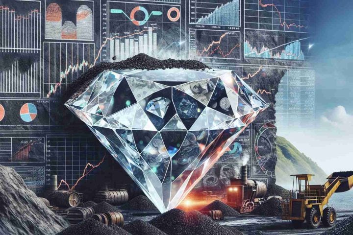 Generate a realistic, high definition image representing the concept of 'The Hidden Truth: Coal India's Share Potential'. The image could utilize symbols of coal mining, balance sheets, stock market ticker tapes, and line graphs to represent shared potential. The idea could be visualized as a large, uncut diamond (representing undeveloped potential) hidden in a coal mine. Background can include elements of India, such as national symbols or landscapes, subtly hinting at the location.