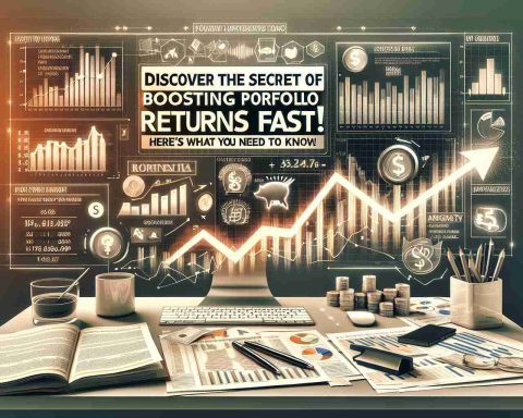 An HD image depicting the concept of discovering the secret of boosting portfolio returns quickly. The image shows finance-related items such as graphs, charts, and symbols representing growth. The words 'Discover the Secret to Boosting Portfolio Returns Fast! Here’s What You Need to Know' can be seen prominently in a bold, readable font. The scene could take place in an office setting, with a desk, a computer screen displaying some financial data, and papers strewn about, implying the intense research that goes into understanding investments. The color palette is neutral to give it a realistic and professional feel.