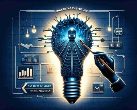 Generate a high definition, realistic image that symbolically represents 'Unlocking the Future' with the Initial Public Offering (IPO) of a fictitious railway lighting company. This company focuses on cutting-edge lighting solutions for railways. Also depict an instruction visual on how to check share allotment for a generic company.